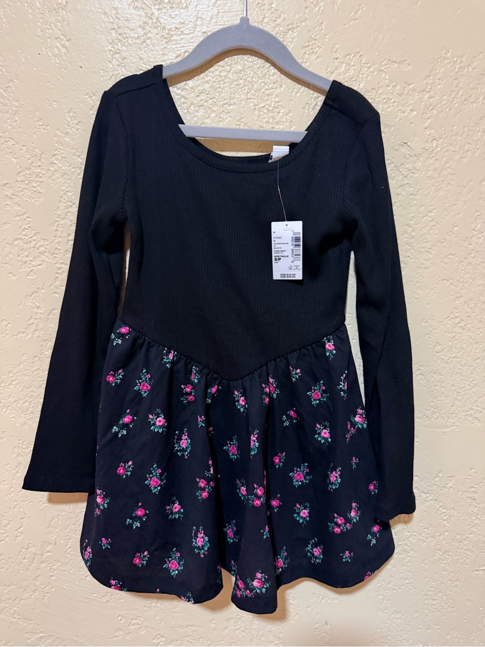 New Children’s Place Black Long-Sleeve Floral Skater Dress with Pink Accents